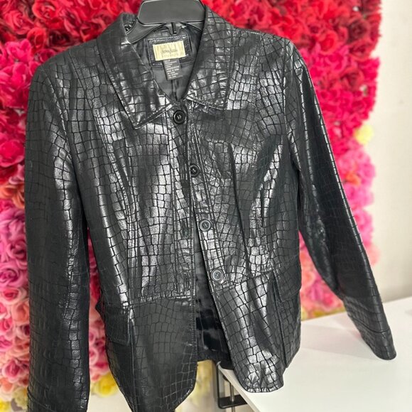 Neiman Marcus Exclusive Embossed - Women's Black Leather Jacket - Picture 1 of 4